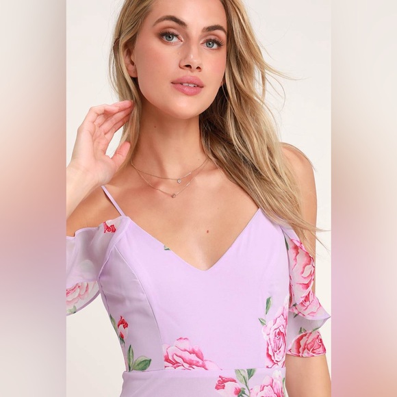 Lulus Lavender Pink Floral Maxi Dress Ruffles Roses Wedding Victorian Coquette - Picture 2 of 7